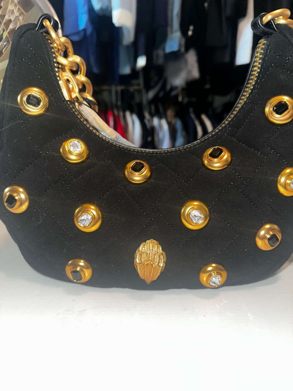 Kurt Geiger Black Quilted Shoulder Bag with Gold Hardware and Crystal Accents